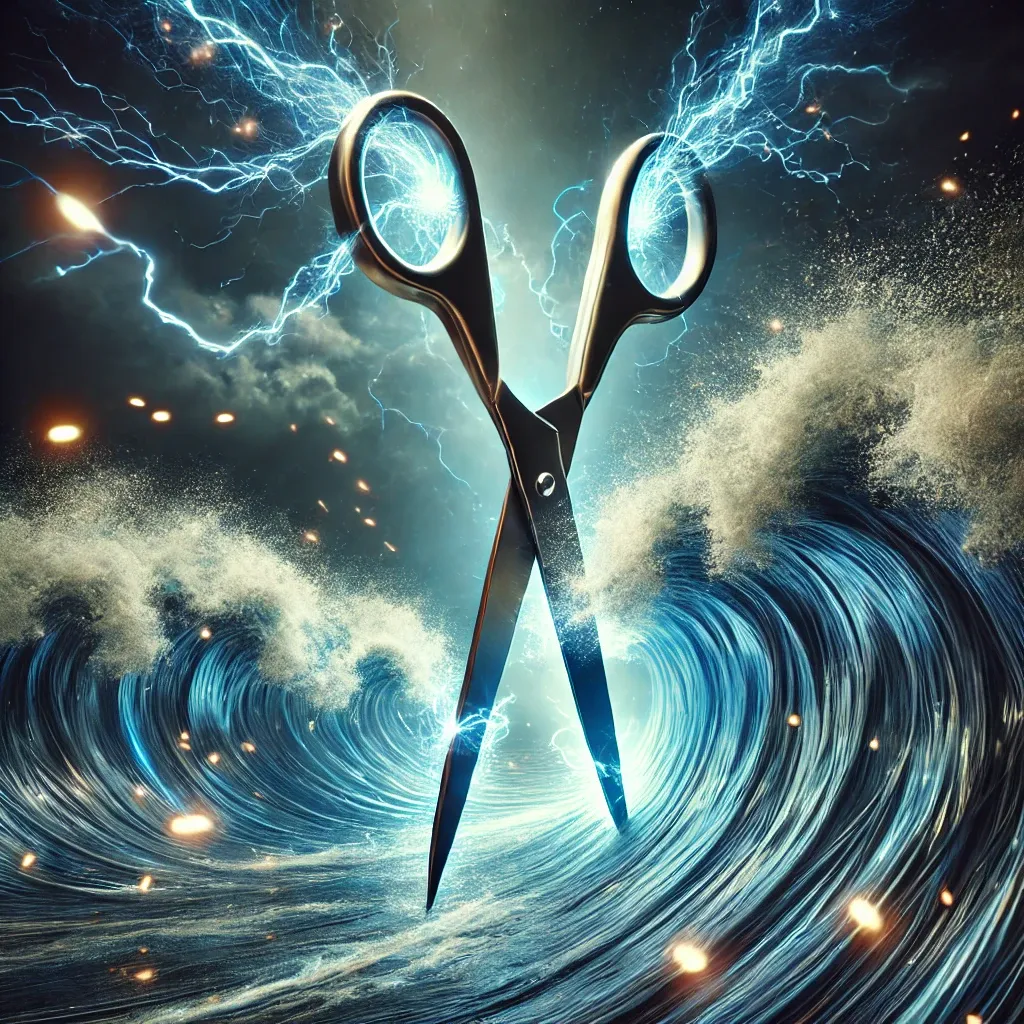 DALL·E 2025-06-19 11.08.15 - A pair of giant scissors cutting through a massive wave of electric tension, resembling a surge of glowing blue and white electricity. The scene is su.webp