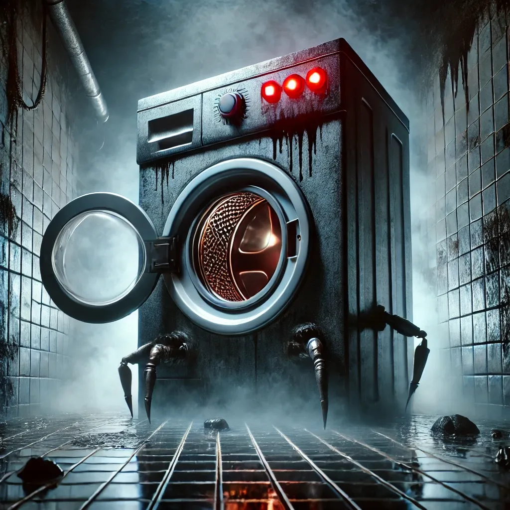 DALL·E 2025-06-19 11.11.16 - A surreal and creepy scene featuring a killer washing machine. The washing machine looks menacing, with glowing red eyes where the dials should be and.webp