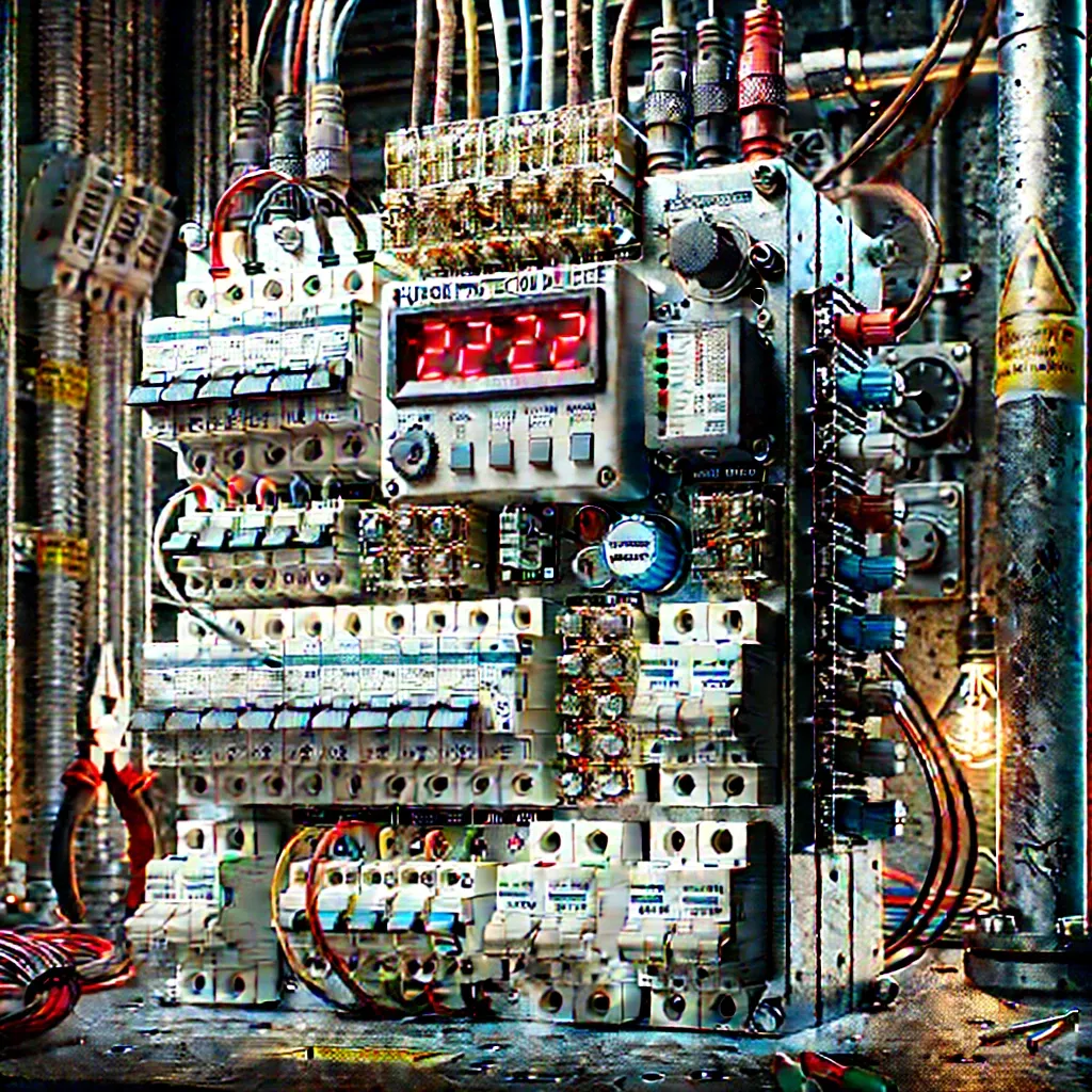 DALL·E 2025-06-19 11.16.00 - A realistic depiction of an electrical surge protection device (SPD) designed to resemble a time bomb. The SPD features actual industrial components s.webp