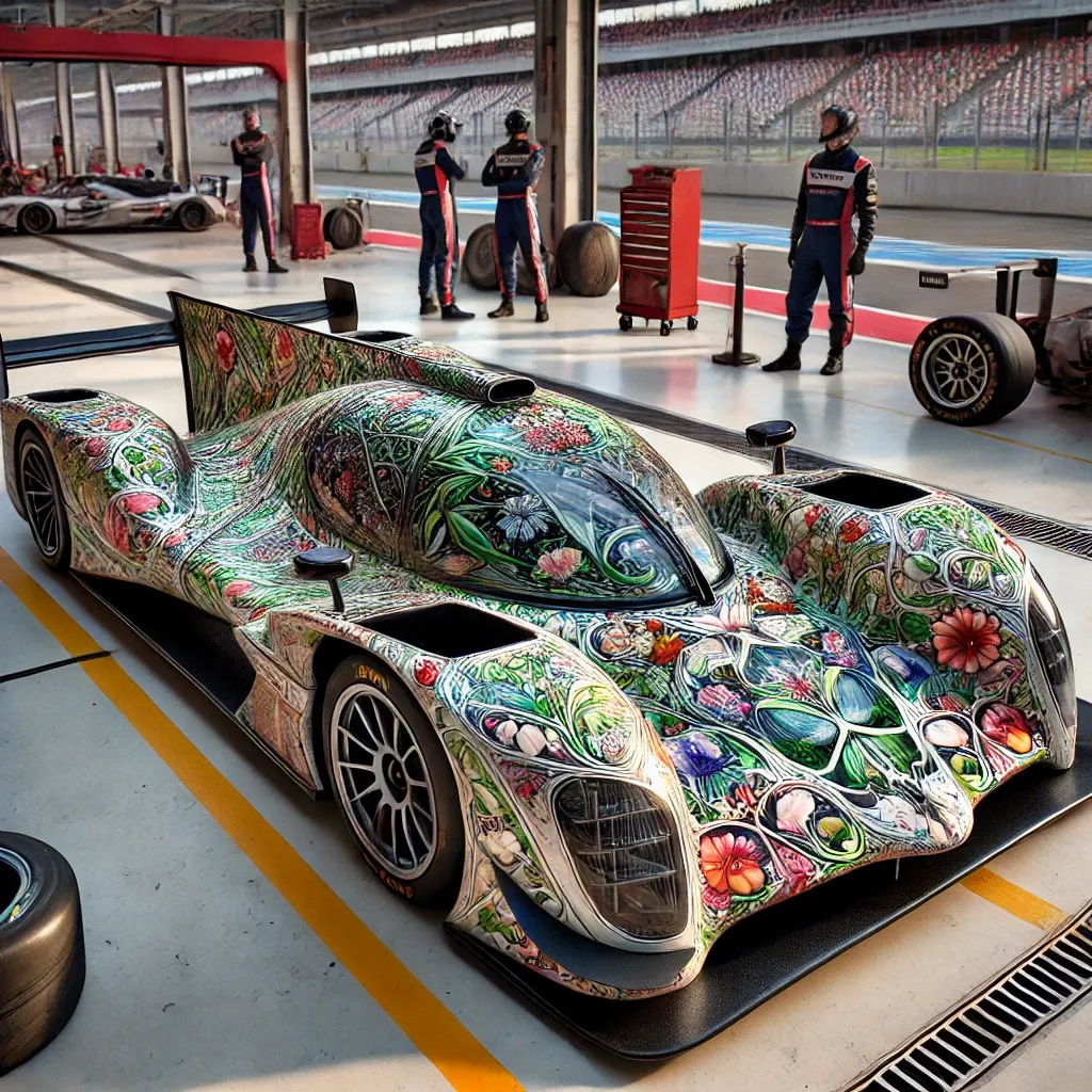 DALL·E 2025-06-19 11.20.31 - A realistic race car parked in a pit lane, with only the windshield made of intricate Murano glass. The rest of the car is a standard high-performance.webp