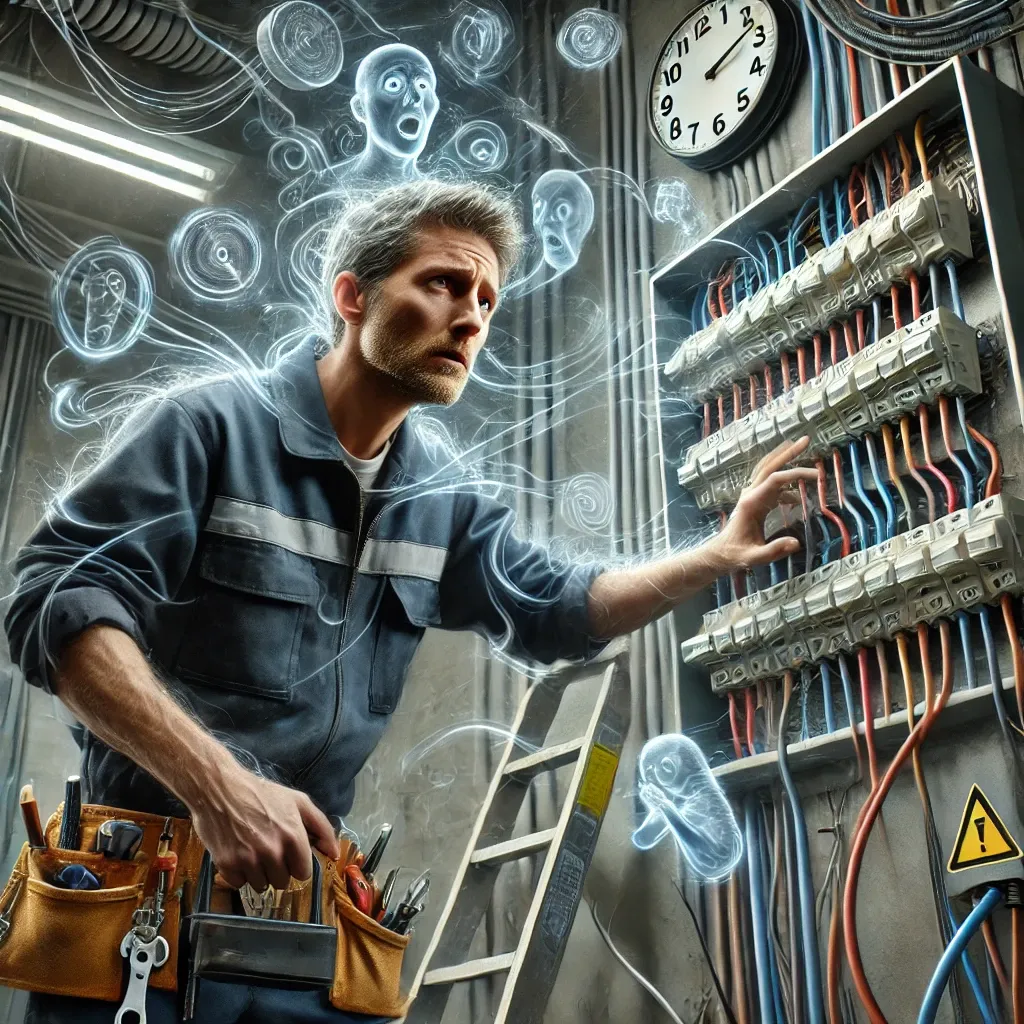 DALL·E 2025-06-19 11.31.08 - A realistic and emotional illustration of an electrician experiencing rising anxiety while working. The electrician, wearing a uniform and holding too.webp